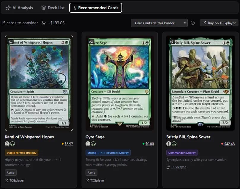 Recommended Cards tab showing personalized upgrade suggestions with prices, labels, and TCGPlayer links