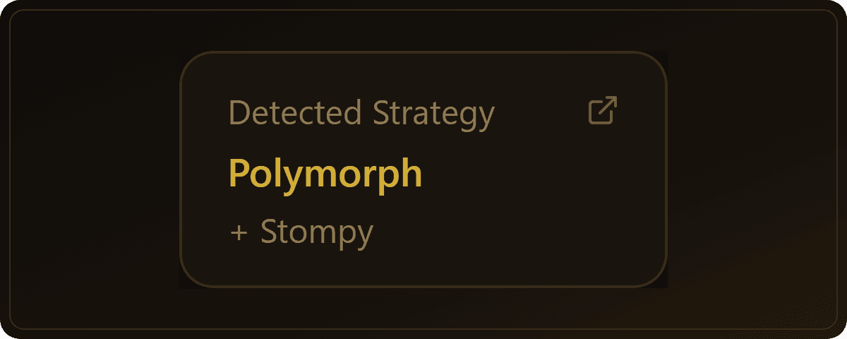 Spellweave's deck page for the imported Multiverse Reforged precon. The Detected Strategy tile reads Polymorph, with Stompy as the secondary strategy.